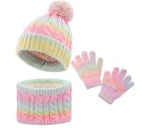 MASOCIO Set Cappello Sciarpa e Guanti Bambina Bimba Invernale Cappellino Scaldacollo Ragazza Caldo 4 5 6 7 8 9 Berretti Berretto Pon Pon Cuffia 3-10 Anni Giallo Rosa