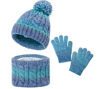 MASOCIO Set Cappello Sciarpa e Guanti Bambina Bimba Invernale Cappellino Scaldacollo Ragazza Caldo 4 5 6 7 8 9 Berretti Berretto Pon Pon Cuffia 3-10 Anni Verde Blu