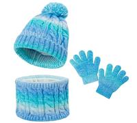 MASOCIO Set Cappello Sciarpa e Guanti Bambina Bimba Invernale Cappellino Scaldacollo Ragazza Caldo 4 5 6 7 8 9 Berretti Berretto Pon Pon Cuffia 3-10 Anni Bianco Blu