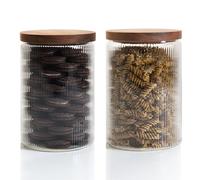 Mason & Fable Barattolo in vetro a coste con coperchio in legno, 200 ml, set da 2, contenitore ermetico scanalato per biscotti, pasta, caffè, dolcetti per cani, snack, contenitori organizzativi per