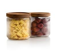 Mason & Fable Barattolo in vetro a coste, impilabile e ermetico, con coperchio in legno, contenitore per biscotti, pasta, farina, look di fascia alta per cucina, dispensa, organizzazione bar, 1,18 l,