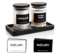 Mason & Fable Set di 2 barattoli da bagno in vetro a coste e vassoio, 295,7 ml, con coperchi ermetici in bambù nero, tampone di cotone, supporto per punta Q, sale da bagno, organizer trasparente per