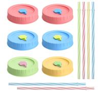 Mason Jar - 6 coperchi con foro, per barattoli di conserve, riutilizzabili, per barattoli di marmellata, 6 colori, con 6 cannucce