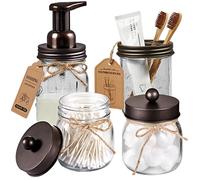 Mason Jar - Set di accessori da bagno, confezione da 4, dispenser di sapone schiumoso e 2 supporti Qtip e portaspazzolino, decorazione rustica, organizer per il bagno, barattolo da farmacia, piano di
