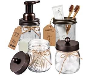 Mason Jar - Set di accessori da bagno, confezione da 4, dispenser di sapone schiumoso e 2 supporti Qtip e portaspazzolino, decorazione rustica, organizer per il bagno, barattolo da farmacia, piano di