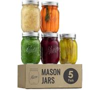 Mason Jars 16 oz - Confezione da 5 bicchieri con coperchio & Seal Bands - ermetici per decapaggio, conserve, candele, decorazioni per la casa, Overnight Oats, conserve di frutta, marmellata o gelatina