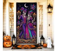 Masquerade - Copritorta di scheletro per Halloween, 91 x 183 cm | Tema in maschera, sfondo per porta d'ingresso, scheletri danzanti, colori vivaci di carnevale, stile artistico gotico