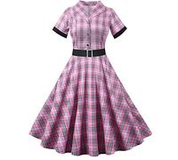 Masrin Abito da donna Rockabilly at anni '50, con motivo scozzese, a maniche corte, con bottoni, da cocktail, da ballo, da festa