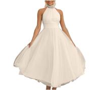 Masrin Abito da sera da donna, elegante, in tulle, senza maniche, con allacciatura al collo, lunghezza alla caviglia, maxi abito da cocktail, abito a rete, collo alto, abito da ballo, beige., M