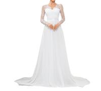 Masrin Abito da sposa bianco donna abito da sposa per fotografia ricamo floreale pizzo chiffon abiti scollo a V maniche lunghe abito da sera per matrimonio piano lunghezza abito cresima, bianco, S