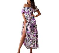 Masrin Abito estivo da donna con spalle scoperte, scollo slash, elegante, stampa floreale 3D, linea ad A, senza spalline, a maniche corte, per feste, con fascia elastica
