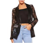 Masrin Blazer, giacca da donna alla moda, in pizzo, trasparente, con colletto rovesciato, maniche a 3/4, camicetta patchwork, elegante giacca per feste e club, Manica lunga nera, S