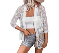 Masrin Blazer, giacca da donna alla moda, in pizzo, trasparente, con colletto rovesciato, maniche a 3/4, camicetta patchwork, elegante giacca per feste e club, Braccio a 3/4 bianco, L