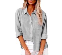 Masrin - Camicia da donna a maniche corte, con bottoni, in lino di cotone, con revers, tinta unita, per le vacanze, top, camicia estiva, per la spiaggia, S-5XL, Z2 grigio, 4XL