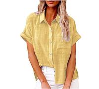 Masrin Camicia da donna con bottoni, in cotone e lino, a maniche corte, con risvolto, tinta unita, per le vacanze, il tempo libero, per l'estate e la spiaggia, S-5XL, giallo., L