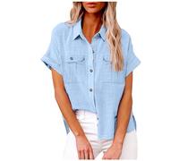 Masrin Camicia da donna in mussola, in lino, con due tasche, casual, tinta unita, in cotone, leggera, traspirante, con risvolto, a maniche corte, Azzurro, XXL