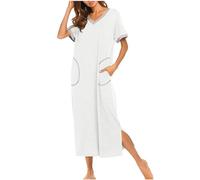 Masrin - Camicia da notte da donna, a maniche lunghe, a V, in tinta unita, maxi, con polsini a costine, a lunghezza caviglia, con tasche, pigiama con spacchi laterali, vestaglia da notte, nightdress