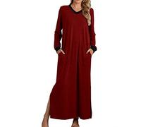 Masrin - Camicia da notte da donna, a maniche lunghe, a V, in tinta unita, maxi, con polsini a costine, a lunghezza caviglia, con tasche, pigiama con spacchi laterali, vestito notturno, nightdress