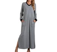 Masrin - Camicia da notte da donna, a maniche lunghe, a V, in tinta unita, maxi, con polsini, a lunghezza caviglia, con tasche, pigiama con spacchi laterali, vestaglia da notte, nightdress