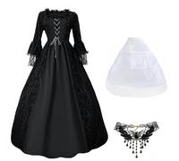 Masrin Costume medievale rinascimentale per cosplay, da donna, per Halloween, con collana, ricami in pizzo, abito da sera, scollo a maniche lunghe, abito da ballo, abito da principessa vittoriana S