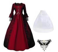 Masrin Costume medievale rinascimentale per cosplay, da donna, per Halloween, con collana, ricami in pizzo, abito da sera, scollo a maniche lunghe, abito da ballo, abito da principessa vittoriana S