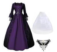 Masrin Costume medievale rinascimentale per cosplay, da donna, per Halloween, con collana, ricami in pizzo, abito da sera, scollo a maniche lunghe, abito da ballo, abito da principessa vittoriana S
