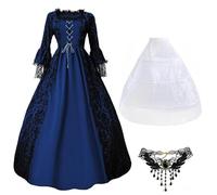 Masrin Costume medievale rinascimentale per cosplay, da donna, per Halloween, con collana, ricami in pizzo, abito da sera, scollo a maniche lunghe, abito da ballo, abito da principessa vittoriana S