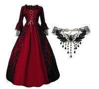 Masrin Costume medievale rinascimentale per cosplay, da donna, per Halloween, con collana, vintage, ricami in pizzo, scollo a maniche lunghe, abito da principessa, abito vittoriano, taglie S-5XL