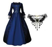 Masrin Costume medievale rinascimentale per cosplay, da donna, per Halloween, con collana, vintage, ricami in pizzo, scollo a maniche lunghe, abito da principessa, abito vittoriano, taglie S-5XL