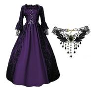 Masrin Costume medievale rinascimentale per cosplay, da donna, per Halloween, con collana, vintage, ricami in pizzo, scollo a maniche lunghe, abito da principessa, abito vittoriano, taglie S-5XL