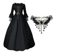 Masrin Costume medievale rinascimentale per cosplay, da donna, per Halloween, con collana, vintage, ricami in pizzo, scollo a maniche lunghe, abito da principessa, abito vittoriano, taglie S-5XL