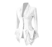 Masrin Elegante camicia da donna smoking vintage steampunk gotico rinascimentale per feste, stile medievale, con finiture in pizzo, tunica irregolare con scollo a V e maniche lunghe, bianco, XXL