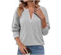 Masrin Felpa in pile da donna a mezza cerniera, alla moda, tinta unita, con chiusura lampo, per il tempo libero, con tasche, per autunno e inverno, abbigliamento morbido, grigio., M