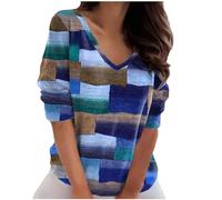 Masrin Maglia da donna alla moda, a maniche a tre quarti, con scollo a V, maniche a 3/4, maglietta primaverile estiva, Blu, XL
