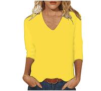 Masrin Maglietta da donna a maniche a 3/4, alla moda, a tinta unita, a tre quarti, con scollo a V, per tutte le partite, per lo sport, regalo per le donne, giallo., L