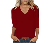 Masrin Maglietta da donna a maniche a 3/4, alla moda, a tinta unita, a tre quarti, con scollo a V, per tutte le partite, per lo sport, regalo per le donne, Colore: rosso, L