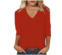 Masrin Maglietta da donna a maniche a 3/4, alla moda, a tinta unita, a tre quarti, con scollo a V, per tutte le partite, per lo sport, regalo per le donne, Vino, XL