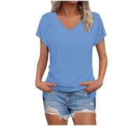 Masrin Maglietta da donna in tinta unita, con scollo a V, a maniche corte, maniche raglan, vestibilità normale, top con spacco laterale, tunica estiva, Azzurro, M