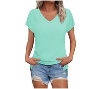 Masrin Maglietta da donna in tinta unita, con scollo a V, a maniche corte, maniche raglan, vestibilità normale, top con spacco laterale, tunica estiva, Verde menta, L