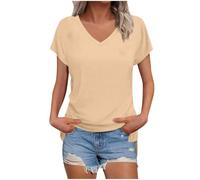 Masrin Maglietta da donna in tinta unita, con scollo a V, a maniche corte, maniche raglan, vestibilità normale, top con spacco laterale, tunica estiva, cachi, XL