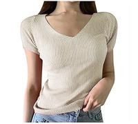 Masrin Maglietta estiva da donna, alla moda, casual, in tinta unita, a maniche corte, con scollo a V, per il tempo libero, per la corsa, per i jeans