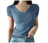Masrin Maglietta estiva da donna, alla moda, casual, in tinta unita, a maniche corte, con scollo a V, per il tempo libero, per la corsa, per i jeans