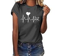 Masrin Maglietta estiva da donna, motivo curva del battito cardiaco, a maniche corte, basic top con scollo rotondo, largo, per le vacanze, il tempo libero, lo sport, per le donne