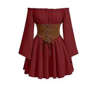 Masrin Mini abito da donna vintage tinta unita abito da ballo slash collo svasato maniche abito da sera elegante abito da festa stile impero a tunica gotico cosplay Halloween costume da cocktail, Vino