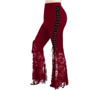 Masrin Pantaloni per Halloween, da donna, gotico punk, tinta unita, pantaloni da ballo, pantaloni da club, sexy, sottili, per yoga, ricami floreali, orlo in pizzo, pantaloni a vita alta, con fascia