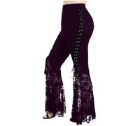 Masrin Pantaloni per Halloween, da donna, gotico punk, tinta unita, pantaloni da ballo, pantaloni da club, sexy, sottili, per yoga, ricami floreali, orlo in pizzo, pantaloni a vita alta, con fascia