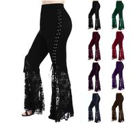 Masrin Pantaloni per Halloween, da donna, gotico punk, tinta unita, pantaloni da ballo, pantaloni da club, sexy, sottili, per yoga, ricami floreali, orlo in pizzo, pantaloni a vita alta, con fascia