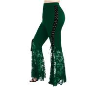 Masrin Pantaloni per Halloween, da donna, gotico punk, tinta unita, pantaloni da ballo, pantaloni da club, sexy, sottili, per yoga, ricami floreali, orlo in pizzo, pantaloni a vita alta, con fascia