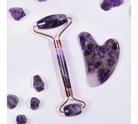 Massaggiatore ametista Rullo facciale in pietra naturale Set di strumenti Gua Sha Massaggio raschiante con cristalli, 2 pezzi decorazione della stanza