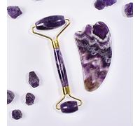 Massaggiatore ametista Rullo facciale in pietra naturale Set di strumenti Gua Sha Massaggio raschiante con cristalli, 2 pezzi decorazione della stanza